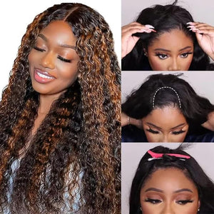 U Part Wigs Human Hair for Black Women Highlight Ombre Deep Wave Human Hair 180% Density Brazilian Hair Full Head Clip in Half Wig V Part Glueless Wigs Human Hair Pre Plucked FB30(22 inch)