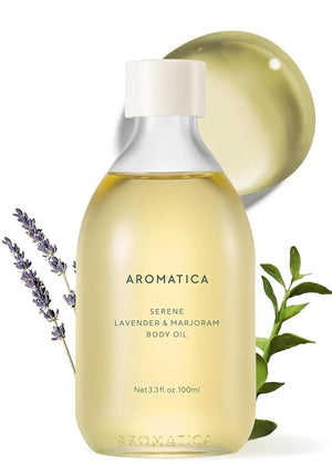 AROMATICA Serene Body Oil Lavender &amp Marjoram Essential Oil Aromatherapy Oil Scented Body Oil After Shower Natural Oil for Women Non-Greasy Body Serum Body Moisturizer for Dry Skin (3.38 fl.