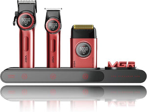 VGR 3 in 1 Professional Barber Clippers Set of Hair Clipper Trimmer Foil Shaver Cordless Haircut Kit with Upgraded Powerful Motor Integrated Charging Station LED Display Storage Box Red