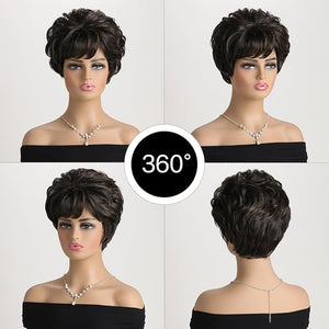 Short Curly Dark Brown Wigs Human Hair Mixed Synthetic Fluffy Natural Looking for Women Daily Use Heat Resistant