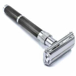 Parker 96R Graphite Gray Long Handle Butterfly Open Double Edge Safety Razor for Men 5 Parker Premium Platinum Double Edge Razor Blades Included