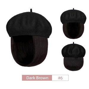 Hat Wig Beret Hat with Hair Extensions Classic French Wool Hat Straight Short Bob Hairpiece Women Bob Wig Hats