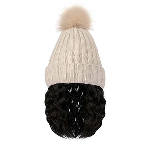 Beanie Hat Wig Winter Warm Knitted Black Beanie Hat with bob Curly Wavy Hair Extension Synthetic Hairpiece hat Wig