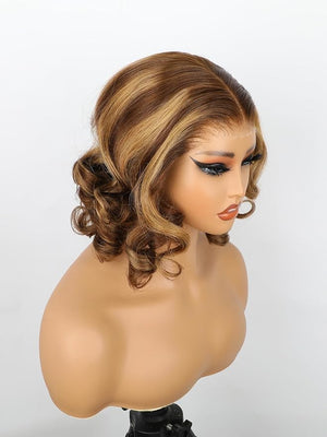 ISEE Wear Go Glueless Wigs Human Hair Pre Plucked Pre Cut Short Bob Body Wave Lace Front Wigs Human Hair for Women Upgraded Glueless Bob Wig 7x5 HD Lace Closure Wigs (Highlight Ombre 16 Inch)