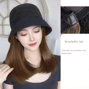 Detachable women's wig hat autumn summer bucket fisherman hat medium length hair with inner buckle collarbone wig