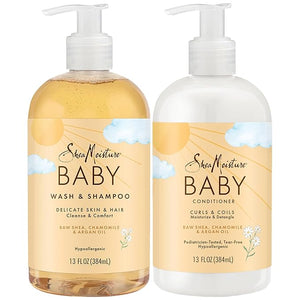 SheaMoisture Baby Essentials Body Wash &amp Shampoo + Curls &amp Coils Conditioner Detangler with Raw Shea Chamomile &amp Argan Oil Pediatrician-Tested Hypoallergenic Tear-Free 13 Oz Ea