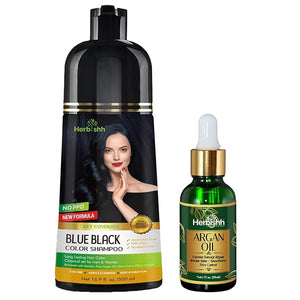 Herbishh Blue Black Hair Color Shampoo - 3-In-1 Magic Dye for Gray Hair 500 Ml + Argan Oil for Dull Dry Damaged Hair 30ML