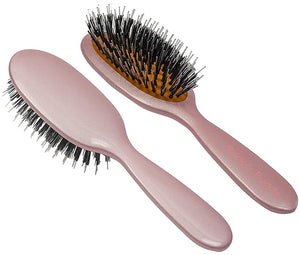 Rock &amp Ruddle Natural Mixed Boar Bristle Hair Brush for Women and Kids (Small/Travel Size 17.5cm) - Perfect for Wet or Dry Hair Detangling Smoothing Blowdrying - Made in UK - Rose Gold Design