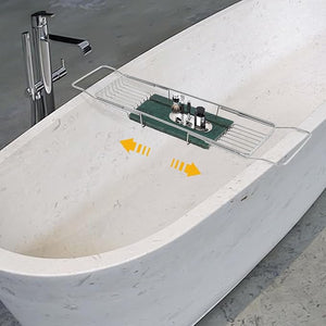 Bathtub Tray Caddy for Luxury Bath, Stainless Steel 26.8-35.4 in Expandable Extra Wide Bath Tub Tray with Natural Marble and Mobile/Tablet Stand, Ideal for Home Spa Lovers (Silver + Green)