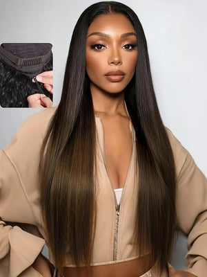 YIROO Bye Bye Knots Chestnut Brown Ombre Light Yaki Straight Wig Human Hair7x5 Lace Front Glueless Wig with DrawstringPre Cut Pre Plucked Pre Bleached Knots Natural Hairline Wig for Women 26Inch