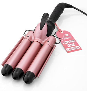 Alure Three Barrel Curling Iron Wand Hair Waver with LCD Temperature Display - 1 Inch Ceramic Tourmaline Triple Barrels Dual Voltage Crimp (Rose Gold)