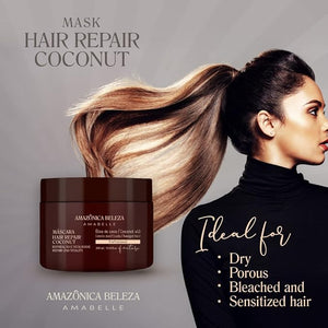 AMAZONICA BELEZA Coconut Hair Mask Repairs Damaged Hair and Restores Hair Proteins for Healthy Vital Hair with Coconut Oil Sulfate &amp Parabens Free Professional Line 10 Oz