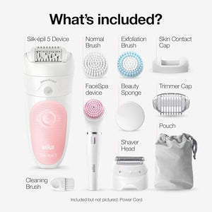 Braun SE5-895 Epilator, Hair Removal Device, Epilator for Women, Includes Shaver and Facial Cleansing Exfoliator Brush Attachments, Waterproof, Cordless and Rechargeable