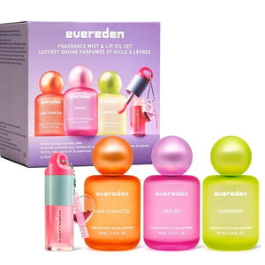 Evereden Kids Fragrance Gift Set ? 3 Hair &amp Body Mists + Tinted Lip Oil | Clean Vegan Non-Toxic Scents for Girls &amp Teens | Fun Self-Care Gift Box with Aesthetic Collectible Bottles