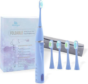 Foldable Electric Toothbrush for Adults ? Dual UV Sanitization, 272 Sonic Modes, USB-C Rechargeable, 4 Brush Heads, Leather Travel Case, Portable Blue Toothbrush