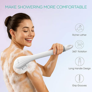 VOYOR Electric Body Brush Back Scrubber for Shower Rechargeable Exfoliating Bath Brush Powered Shower Brush with Non-Slip Long Handle Deep Cleansing Exfoliation Massaging Spin Brush BC100 (Grey)
