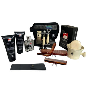 G.B.S Premium Grooming Gift Set for Men ? Ceramic Ivory Shaving Mug Faux Ivory Brush Dual Razor &amp Brush Stand Lavender Citrus Aftershave &amp Shower Gel Styling Combs &amp Mesh Toiletry Bag