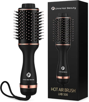 LHB 500 Professional Hot Air Brush, Round Styling Brush Hair Dryer, 2-in-1 Blowout Brush with Rose Gold Accents, Black