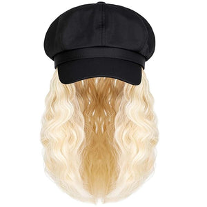 YEKEYI Beret Hat with Hair Newsboy Cap with Bob Hair Extensions Hat Wig Visor Beret Short Curly Wavy Hairpiece for Women