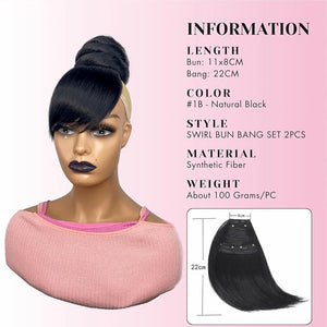 SWIRL BUN BANG SET 2PCS - Quick Medium Size China Bun with Swoop Side Bang Updo Black Chignon Bun Clip in Hairpiece for Black Women(JS8-X 1B#)