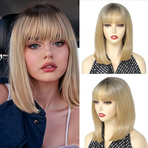 Short Straight Bob Wig With Bangs 14 Inch Ombre Blonde Synthetic Hair Wigs For Women Heat Resistant Natural Looking Hair Wig For Party Daliy Use(Blonde 14 inch)