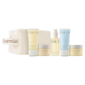 Oak Essentials Travel Body Routine | TSA-Friendly Mini Body Care Set with Wash Scrub Lotion Oil &amp Balm + Linen Travel Bag