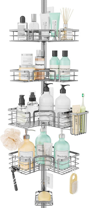 SWTYMIKI Shower Caddy Tension Pole - 4-Tier Corner Shower Organizer Tension Rod with Soap Holder, Toothbrush Holder &amp; 4 Hooks, Adjustable Stainless Steel Bathroom Organizer 27.6 to 108.3 inch, Sil