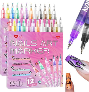 12 Colors Nail Art Pens Set for Painting Nails, 0.5 MM Nail Art Markers Fine Tip Polish Pens for 3D Nail Art, Nail Design Tools Gel Nails Doodle Pens for Drawing Point Liner (A- 2 Sets)
