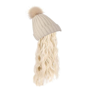 Women Winter Beanie Hat with Wig Big Wavy Curly Hair Extensions Knit ski Snow Cap Attached Party Daily Weddings Wig