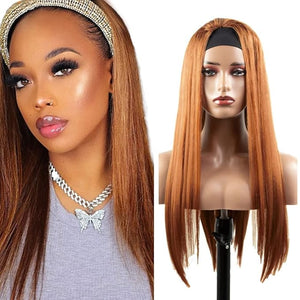 34 Inch #30 Brown Headband Wig Human Hair Straight Light Brown None Lace Front Wig 150% Density Grade 8A Unprocessed Brazilian Virgin Hair Machine Made Wig