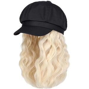 YEKEYI Beret Hat with Hair Newsboy Cap with Bob Hair Extensions Hat Wig Visor Beret Short Curly Wavy Hairpiece for Women