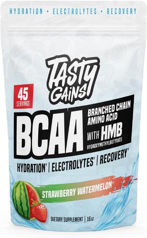 TASTY GAINS - Amino Acids Supplement - BCAA Powder Amino Energy Powder Essential Energy with Electrolytes Essential BCAA &amp EAA with HMB - 45 Servings Strawberry Watermelon