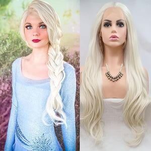xiweiya White Blonde Lace Front Wig 60# Silver Blonde Synthetic 13x3 Lace Front Wig Heat Resistant Fiber Half Hand Tied Hair Natural Hairline Long Body Wave Synthetic Wig for Woman 26inch
