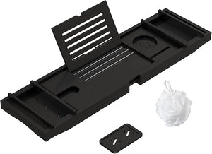 Bamboo Bathtub Tray for Luxury Bathroom Expandable Premium Bath Tray w/Soap Towel Book Holder Adjustable Bath Accessories for TubExtendable Tub Tray with Wine Glass Cup Organizer 29.5-43.3 Black