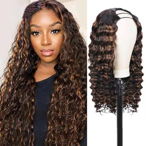 U Part Wigs Human Hair for Black Women Highlight Ombre Deep Wave Human Hair 180% Density Brazilian Hair Full Head Clip in Half Wig V Part Glueless Wigs Human Hair Pre Plucked FB30(22 inch)