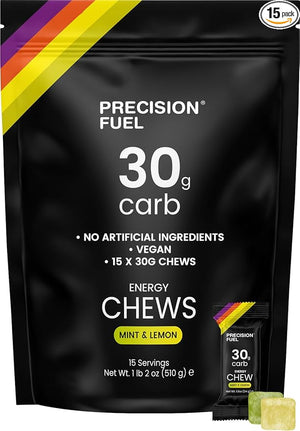 Precision Fuel PF30 Chew Energy Chews - Carbohydrate Fuel for Endurance Lightweight &amp Portable 30g Carbs - Ideal for Long Runs Rides &amp Workouts - Mint &amp Lemon Flavour (15 Chews)