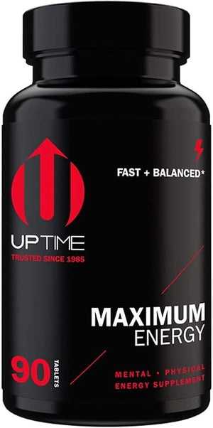 UPTIME Maximum Energy Tablets - Premium Blend - 325mg Natural Caffeine per Serving, Calcium, Magnesium, Zinc, CoQ10, 5-HTP, Zero Calories