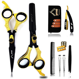 Professional Hair Cutting Scissors Set 6.5 Inch- Handmade Japanese Stainless Steel Includes Barber ScissorsTweezers Razor 10 Blades Comb 2 Hair Clips &amp Cleaning Cloth.