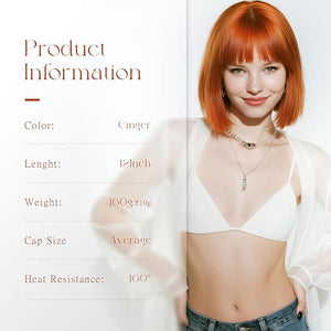 Ginger Bob Wig with Bangs for Women Short Straight 12 Inch Orange Auburn Wig Natural Looking Heat Resistant Synthetic Wig for Daily Party Cosplay Halloween Use