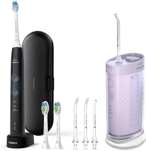 Philips Sonicare Compact Flosser 1000 Purple ProtectiveClean 5300 Rechargeable Electric Toothbrush and 2PK Compact Nozzle Bundle