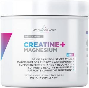 Livingood Daily Creatine + Magnesium Powder, Unflavored | 5g Micronized Creatine Monohydrate with Magnesium for Energy, Muscle Recovery &amp; Performance | 30 Servings