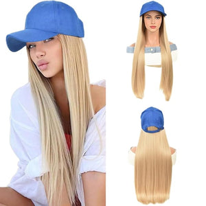 Sun Hat Wig for Women Baseball Cap with Hair Extensions Attached 22 Long Wavy Straight Hairpieces Synthetic Wig