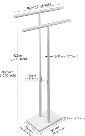 40 Inch Standing Towel Rack Double-T Shape Tall Bath Towel Sheet Holder with Marble Design Base for Bathroom Floor Next to Tub or Shower 2 Tier Towel Holder Stand Stainless Steel Brushed Nickel