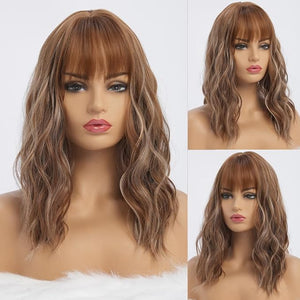 Light Brown Wigs with Highlight for Women Synthetic 16 inch Medium Length Wigs with Bangs Natural Long Wavy Fringe wig Heat Resistant Hair for Daily Party Use(16 inch)