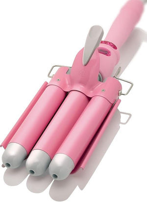 Alure Three Barrel Curling Iron Wand Hair Waver with LCD Temperature Display - 1 Inch Ceramic Tourmaline Triple Barrels Dual Voltage Crimp (White/Pink)