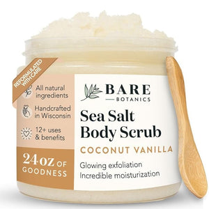 Bare Botanics Coconut Vanilla Body Scrub 24oz | Made in Madison WI | All Natural Sea Salt Exfoliator w/ Skin Loving Moisturizers | Vegan &amp Cruelty Free | Gift Ready Packaging w/ a Cute Wooden Spo