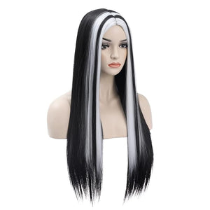 MAGQOO Black White Wig Long Straight Black White Wigs for Women Girls Middle Part Heat Resistant Hight Density Synthetic Wigs