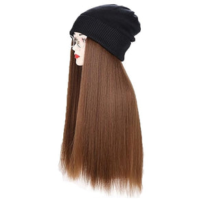 Women Winter Beanie Hat Wig Knit with Long Straight/Wig Wavy Curly Hair Wig Attached 23.6 Inch Synthetic Hairpiece