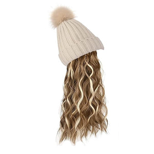 Women Winter Beanie Hat with Wig Big Wavy Curly Hair Extensions Knit ski Snow Cap Attached Party Daily Weddings Wig