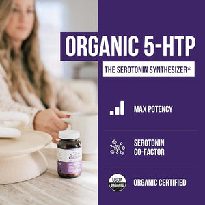 Organic 5-HTP - 200 mg | 99% 5HTP Concentration Plus Cofactor Vitamin B6 &amp Lion¡¯s Mane | Water Extracted from Organic Griffonia Seeds | Supports Mood Cognition &amp Sleep (60 Capsules | 30 Serv